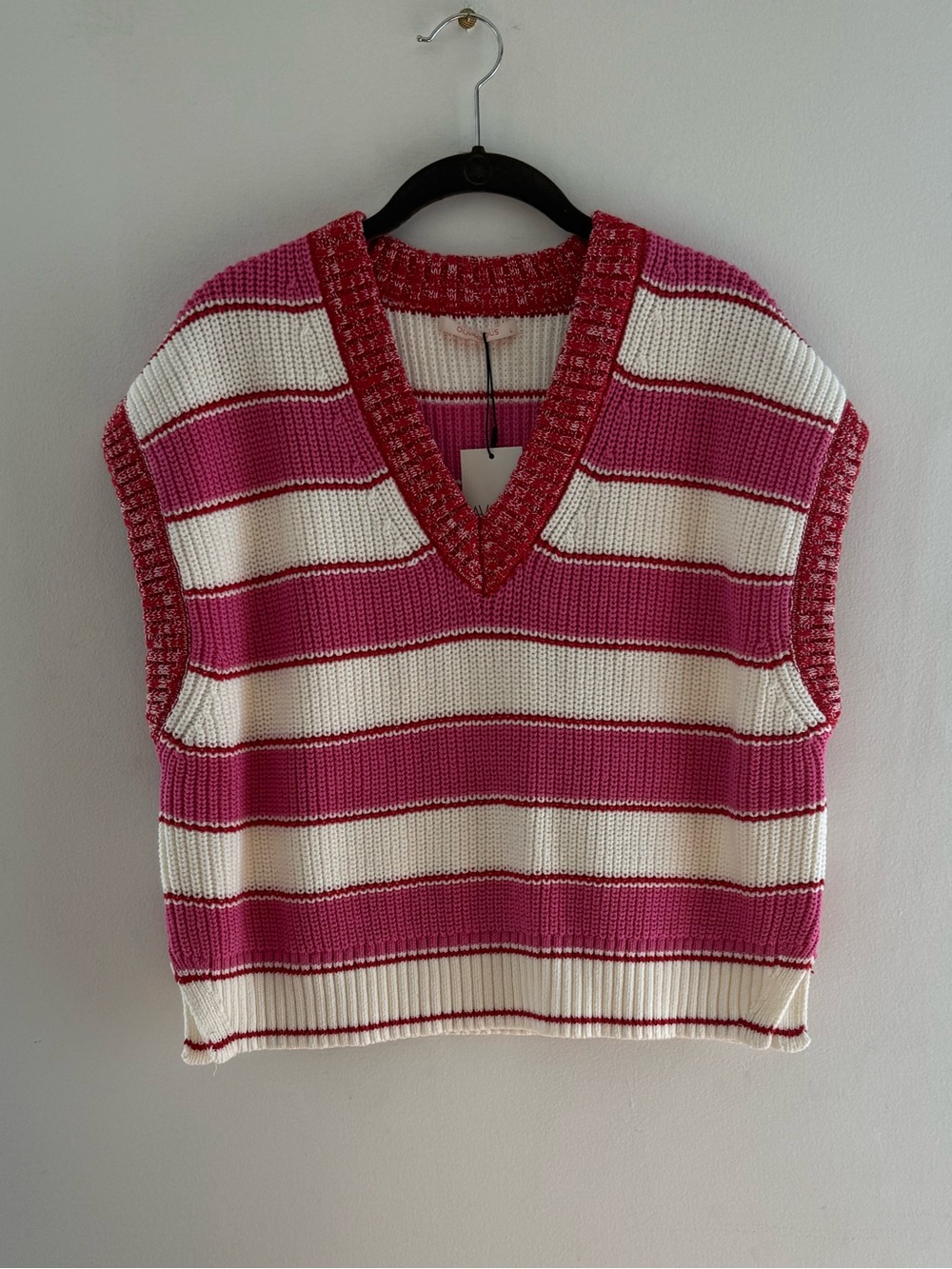 Olivaceous Pink Red Cream Striped V‑Neck Knit Vest NWT L